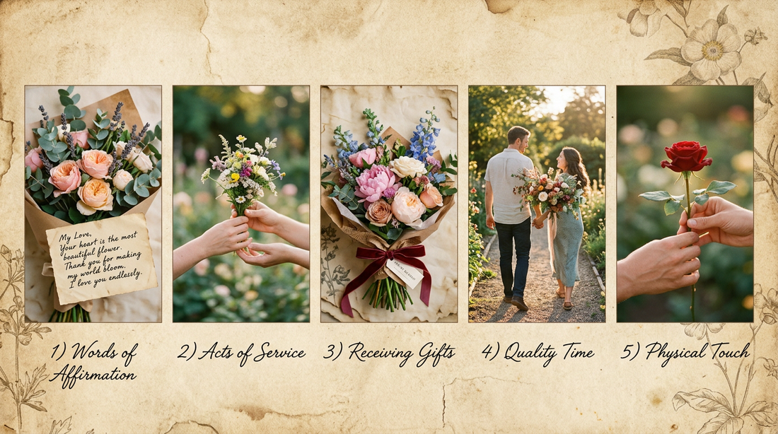 Five vignettes showing different ways of expressing love through flowers — a handwritten note with bouquet, hands giving flowers, a wrapped gift bouquet, a couple walking with flowers, and hands touching while exchanging a rose