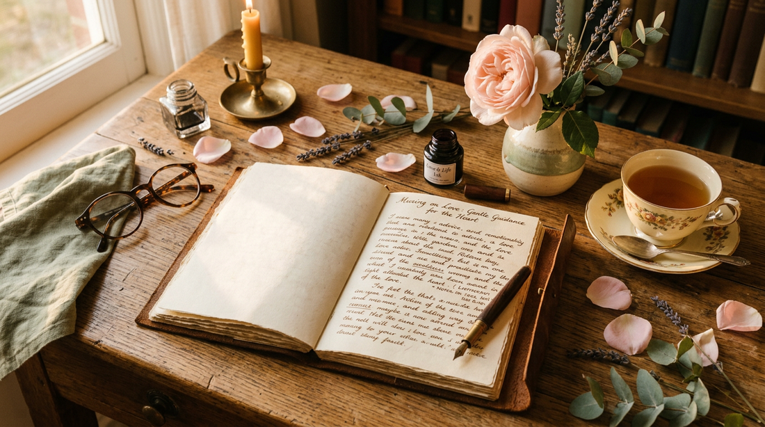 A vintage writing desk with an open journal, fountain pen, scattered rose petals, dried lavender, a cup of tea, and a single garden rose in a small vase — Fleur's love guru writing corner
