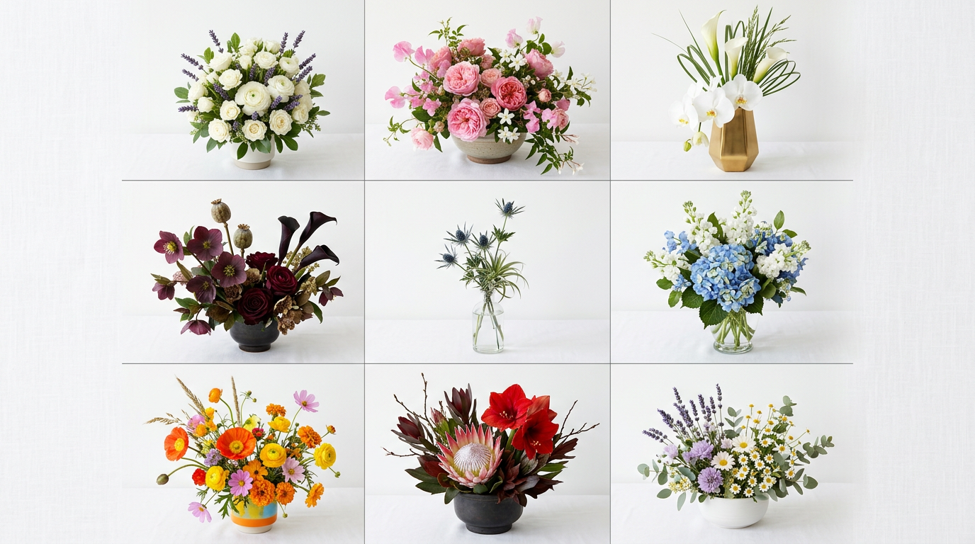 Nine distinct floral arrangements in a 3x3 grid, each representing a different Enneagram personality type — from perfectly symmetrical white to wildly colourful