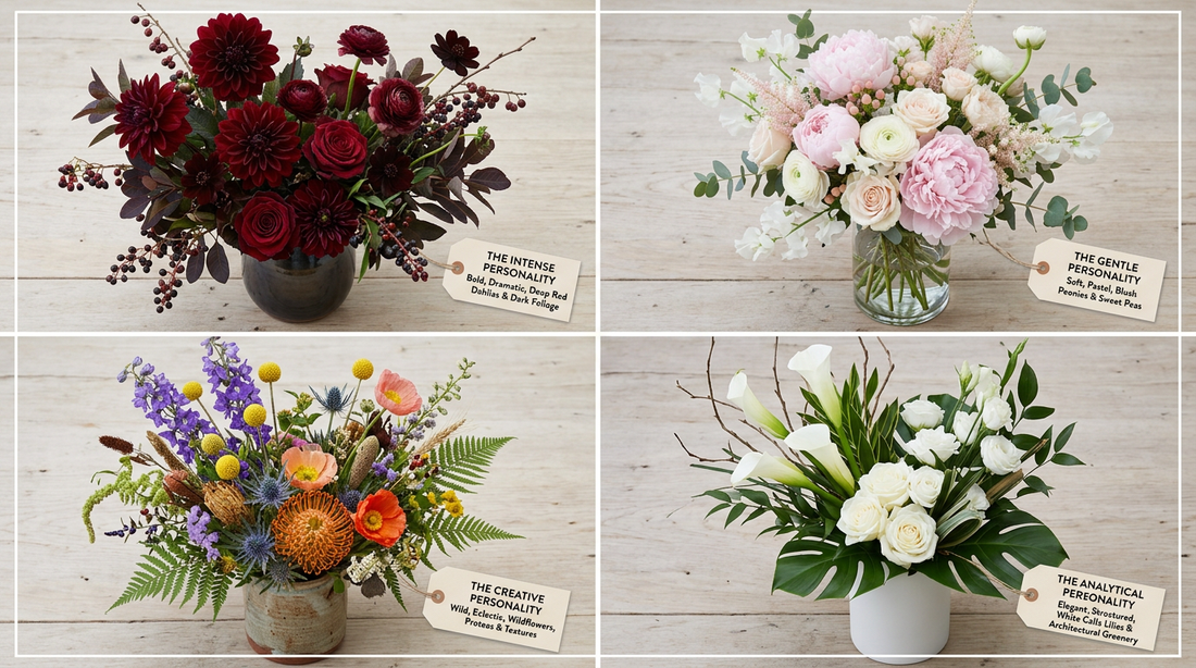 Four distinct bouquet styles representing different personality types: bold dahlias for intense types, soft peonies for gentle types, eclectic wildflowers for creative types, and structured calla lilies for analytical types