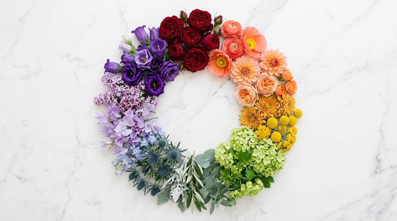 Flowers arranged in a colour wheel gradient on white marble, from deep red roses through coral, gold, green, blue, to purple lisianthus