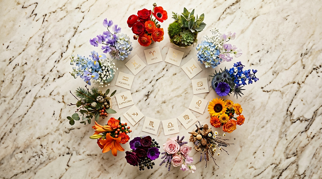 Twelve small floral arrangements arranged in a circle like a zodiac wheel on a cream marble surface, each representing a different star sign with distinct colours