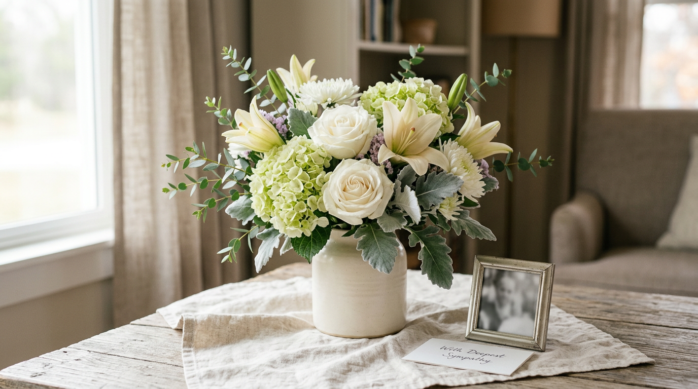 A gentle sympathy arrangement of white roses, cream lilies, and pale green hydrangeas with eucalyptus in a ceramic vase, conveying peace and comfort