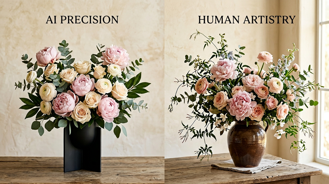 Side-by-side comparison of an AI-designed bouquet and a traditionally arranged bouquet, showcasing the differences between algorithmic precision and organic artistry