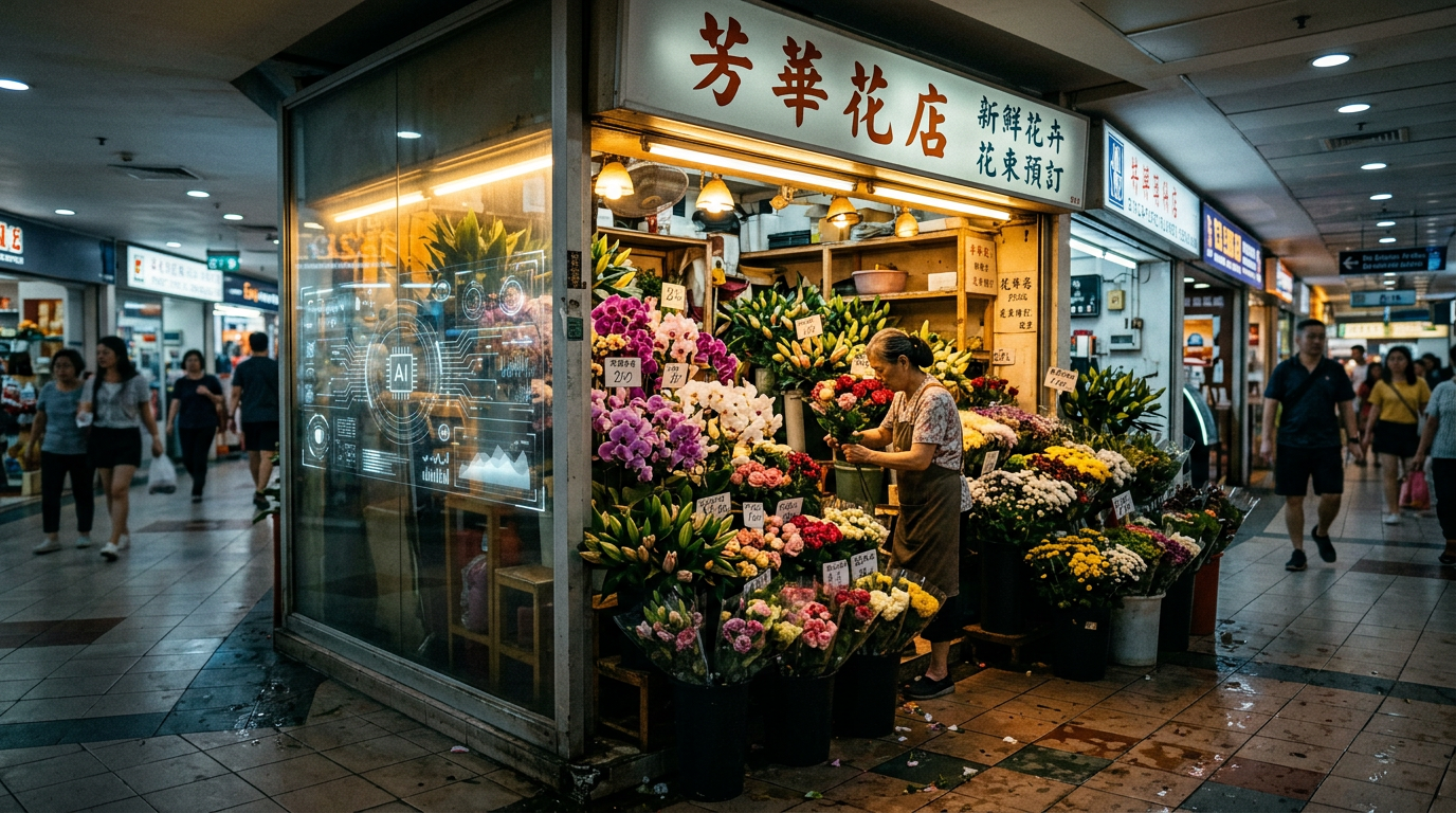 A traditional Asian flower shop in a mall corridor with warm golden lighting, buckets of tropical flowers spilling onto the polished floor, with a faint digital AI overlay reflected in the glass panel
