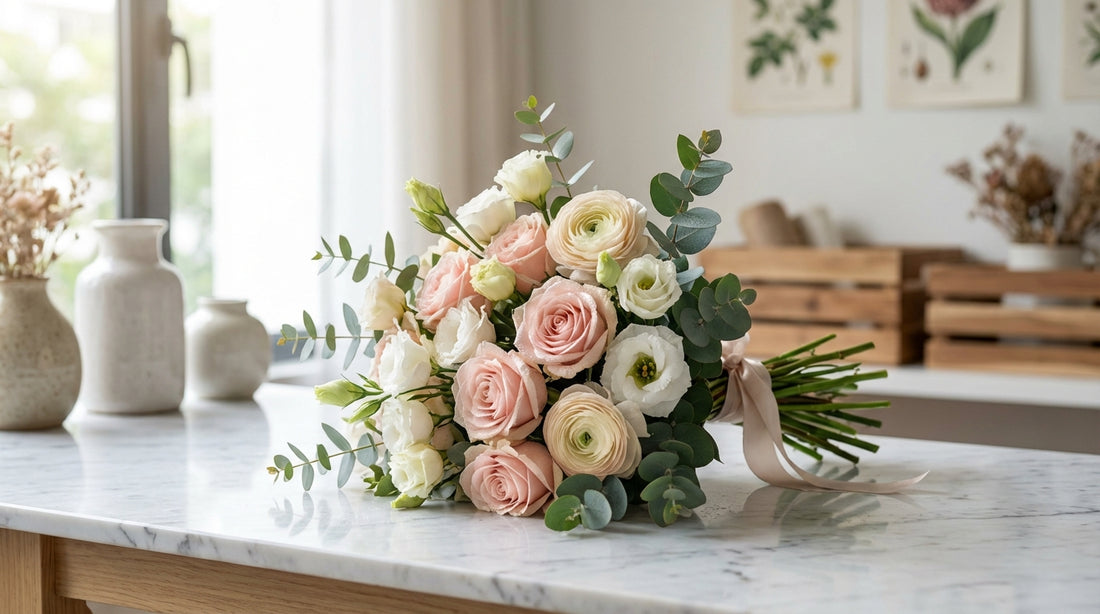 Premium hand-tied flower bouquet in Singapore with blush, cream, and white blooms in an elegant editorial style