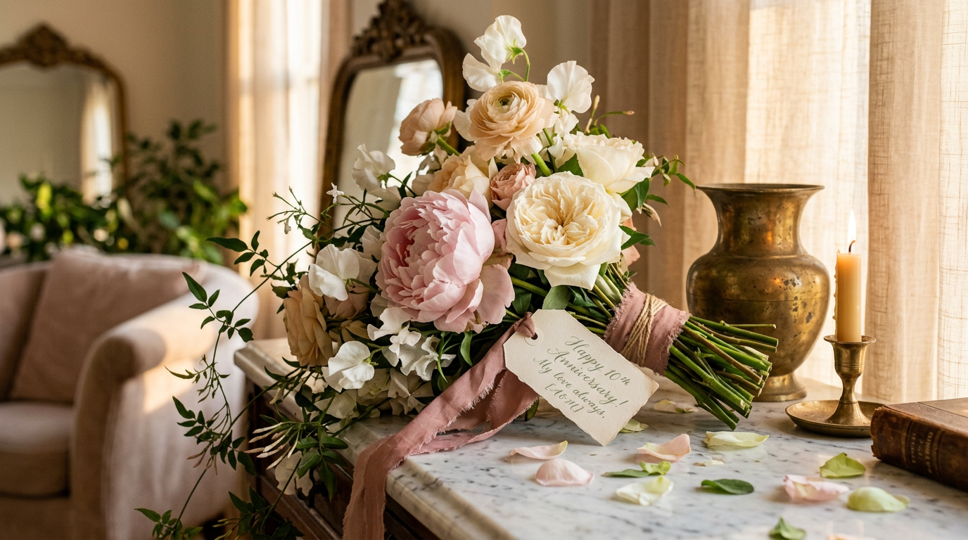 An elegant bespoke anniversary bouquet of blush peonies, ivory garden roses, and trailing jasmine with a handwritten gift tag, placed on a marble surface
