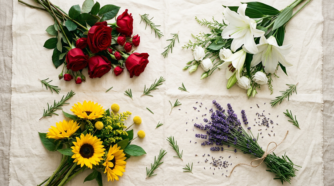 Flat lay of symbolic flowers on cream linen — red roses, white lilies, yellow sunflowers, and purple lavender with rosemary sprigs