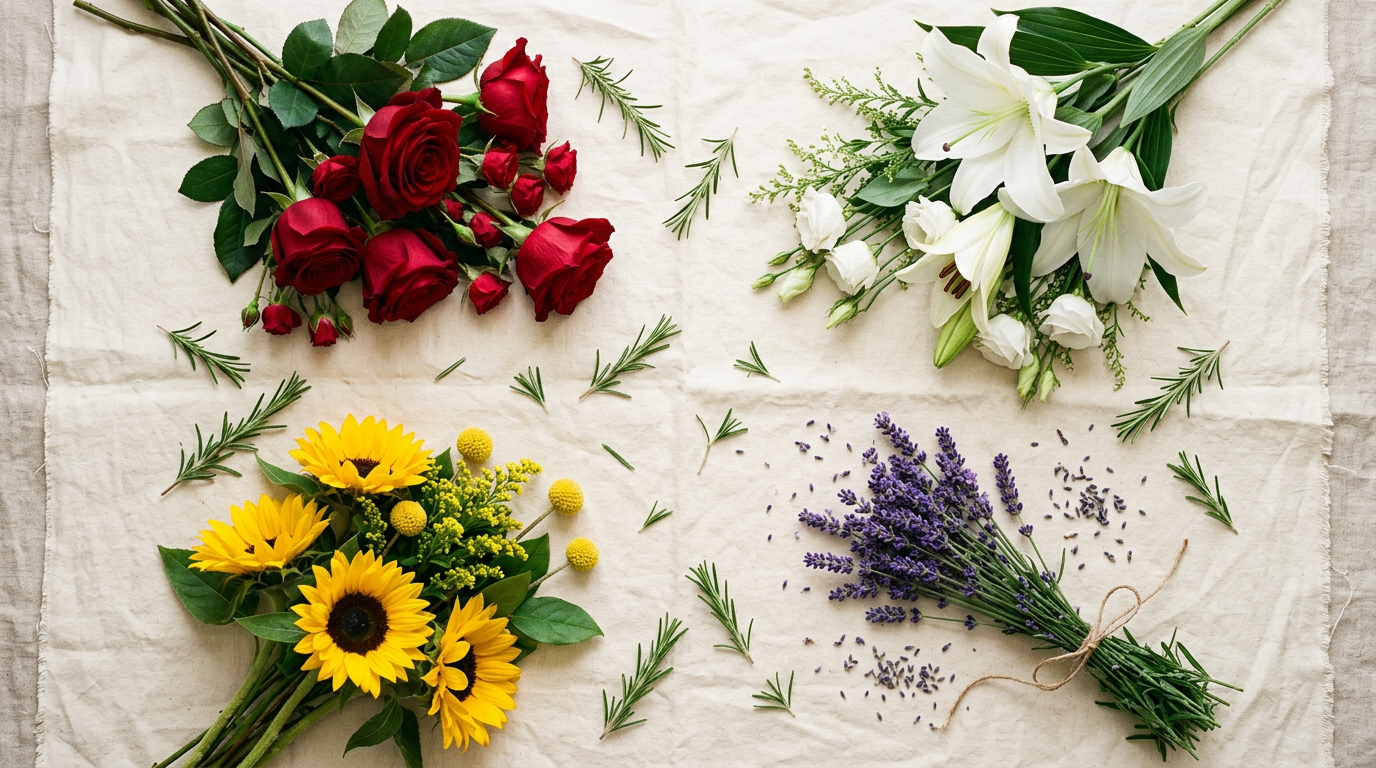 Flat lay of symbolic flowers on cream linen — red roses, white lilies, yellow sunflowers, and purple lavender with rosemary sprigs