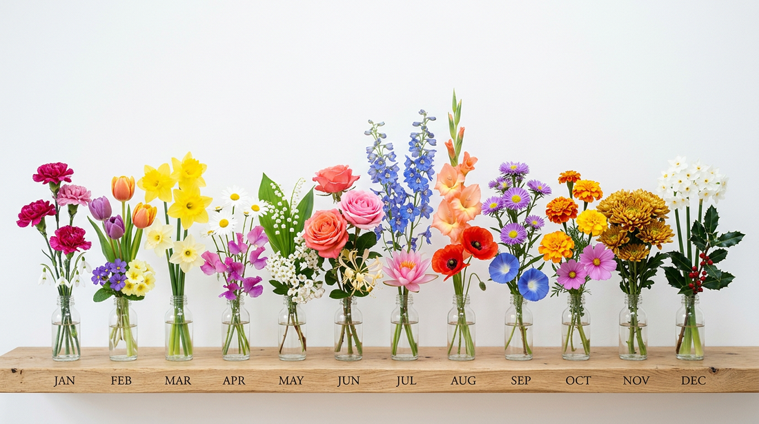 Twelve birth month flowers arranged in a line from left to right in individual glass vases, creating a seasonal gradient from winter carnations to summer roses to autumn chrysanthemums