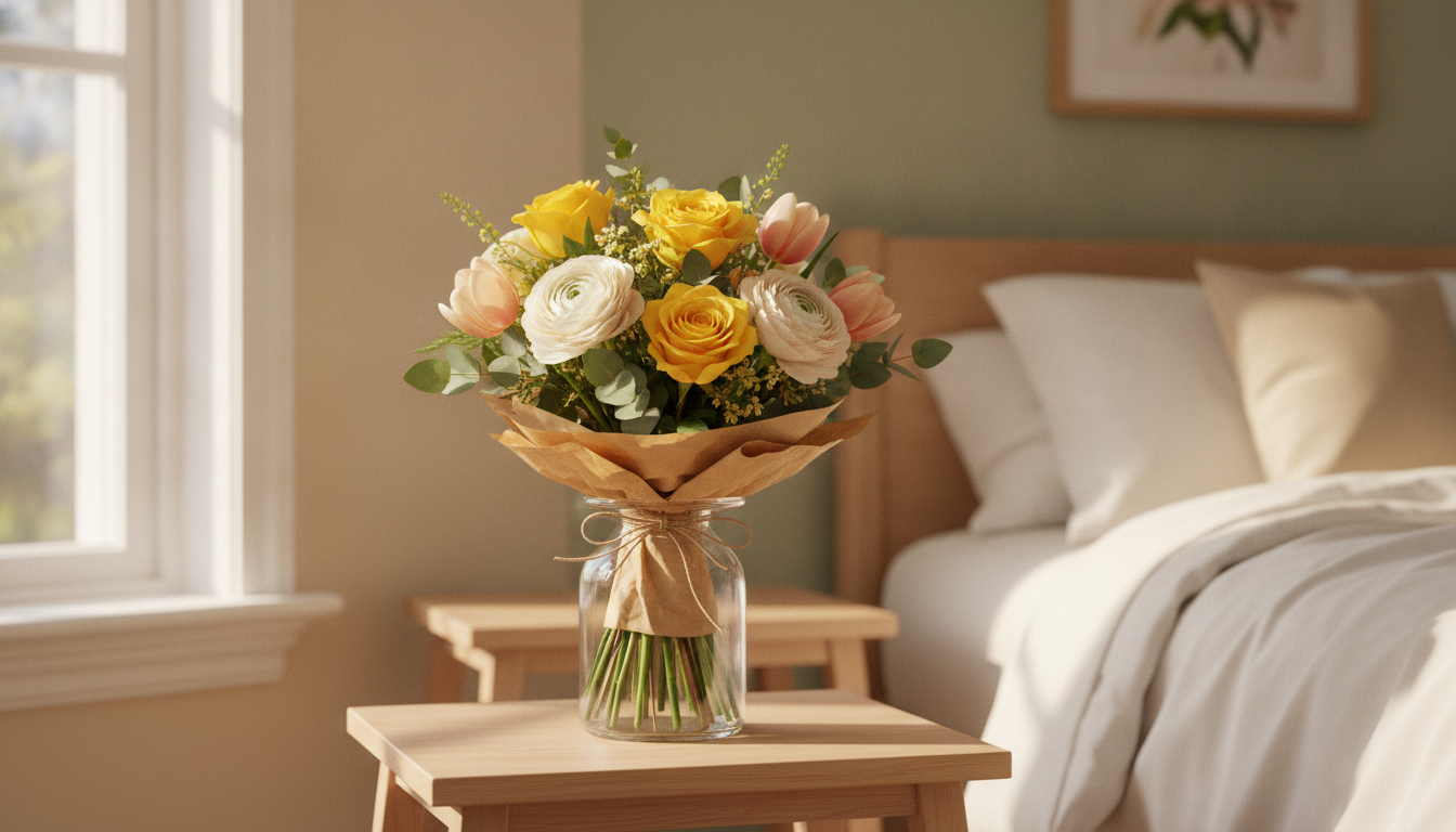 Cheerful get-well bouquet of yellow roses, cream ranunculus and peach tulips in a glass vase on a bedside table in soft morning light