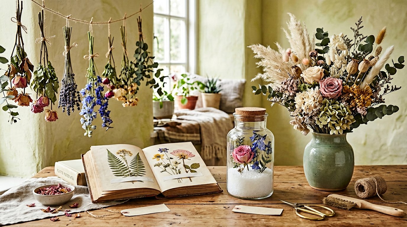 A warm wooden table displaying multiple flower preservation methods including bouquets hanging upside down, a botanical book with pressed flowers, and a glass jar with flowers preserved in silica gel