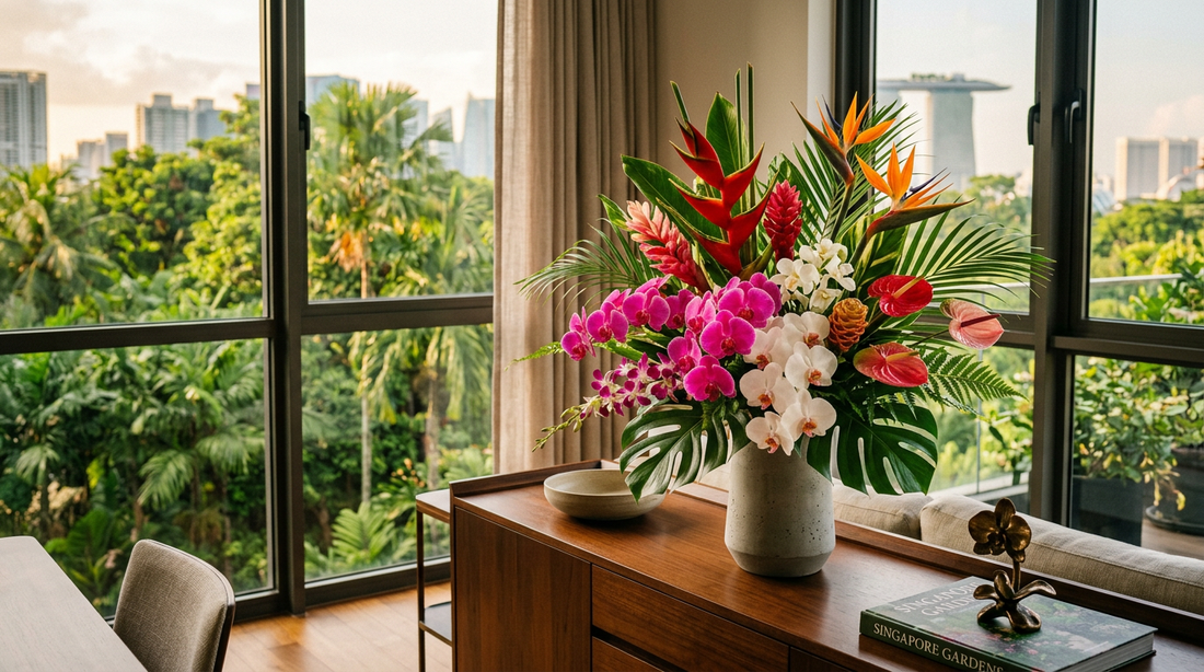 A vibrant tropical flower arrangement with orchids, heliconias, and birds of paradise in a modern Singapore apartment with a city view