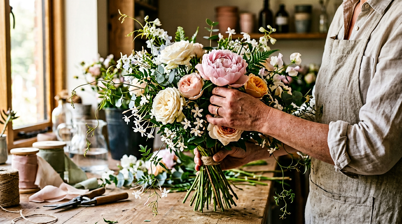 Close-up of a florist's hands carefully arranging a luxurious bouquet of peonies and garden roses, emphasising the artisan craft and human touch in floristry