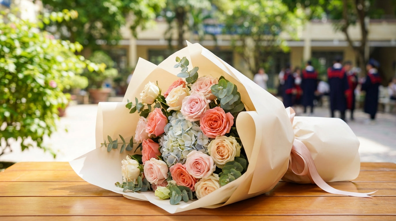 Graduation bouquet in Singapore with celebratory premium wrapping designed for ceremony gifting photos