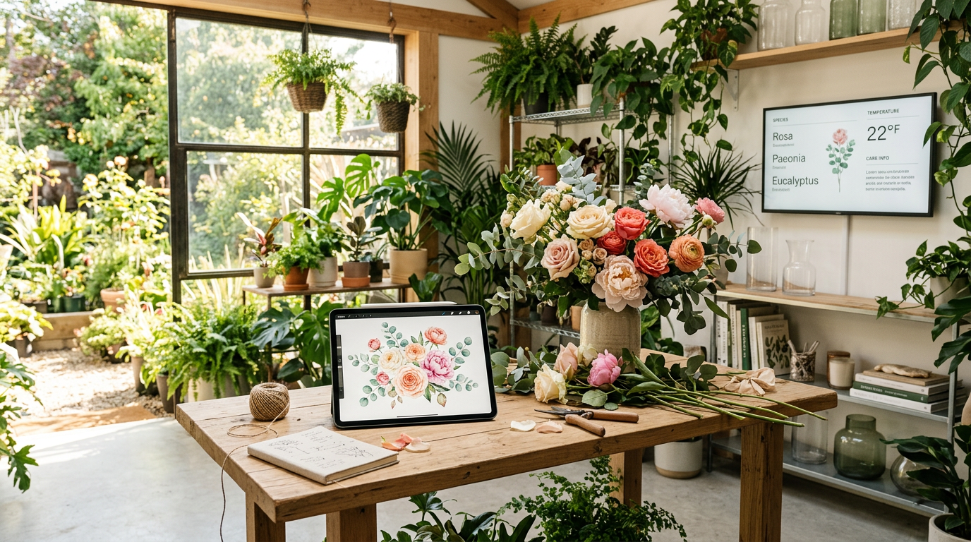 A modern floral studio where technology meets nature — a tablet displaying a digital flower arrangement design alongside fresh stems on a wooden workbench