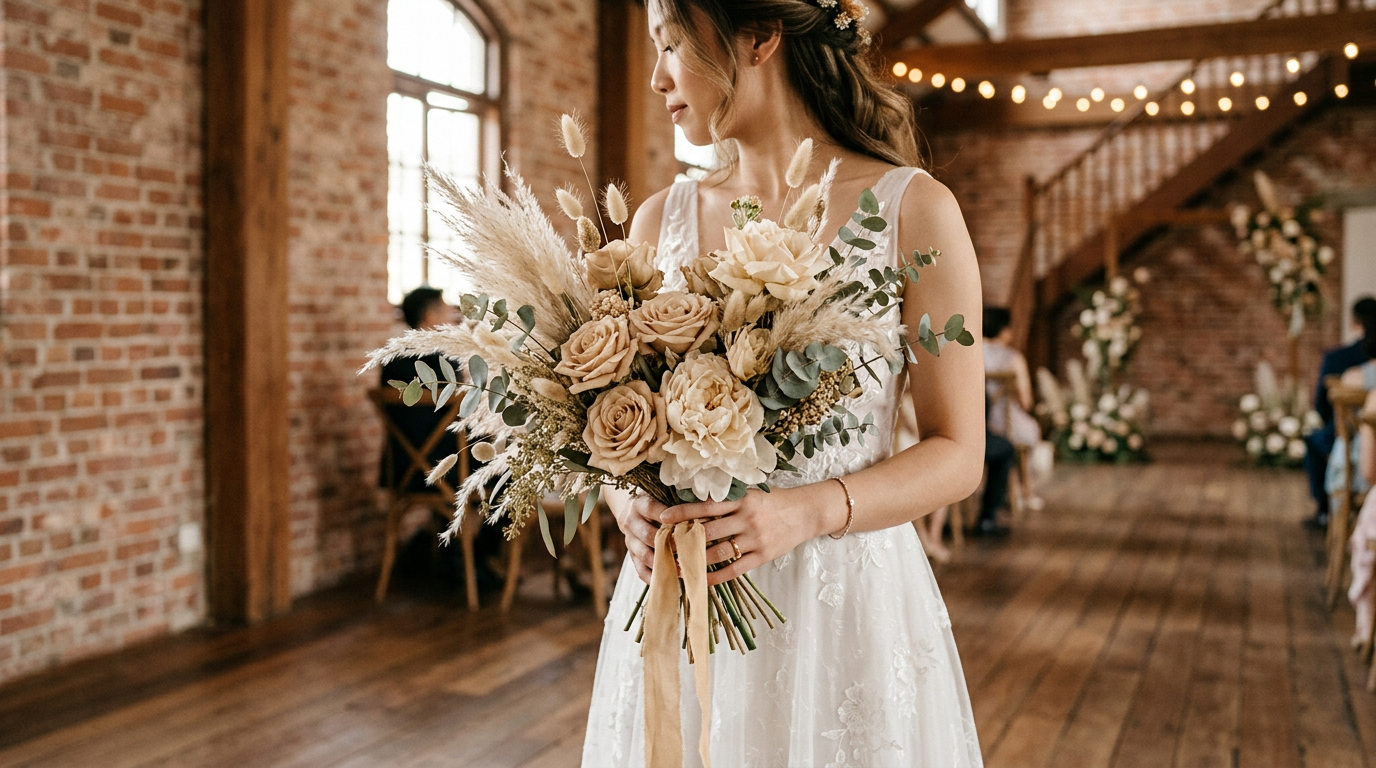 Bride holding a soft neutral bridal bouquet with sandy beige roses, pampas grass, and eucalyptus at a warm industrial wedding venue in Singapore