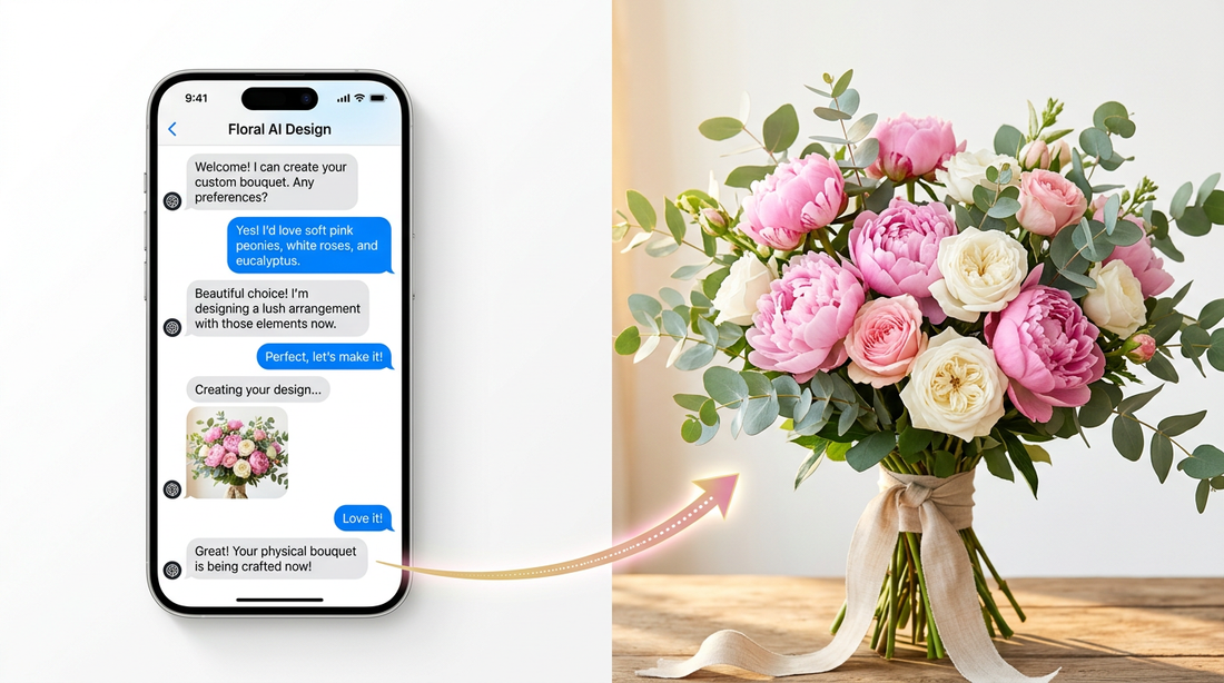 Split image showing a smartphone chat conversation with a floral AI on the left and the resulting real bouquet of pink peonies and white roses on the right