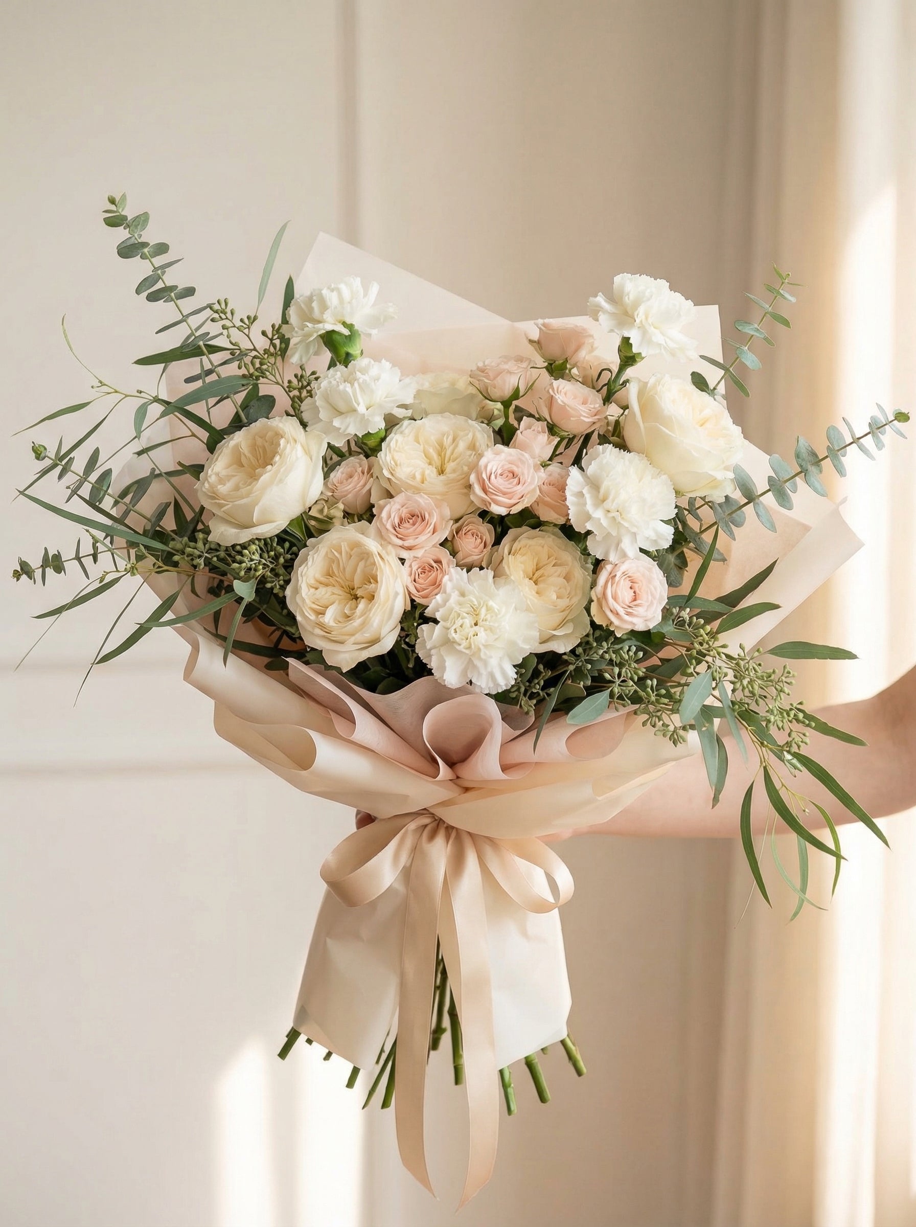 Hero Wedding Bouquet Singapore: Cream Rose & Eucalyptus Layered Edition