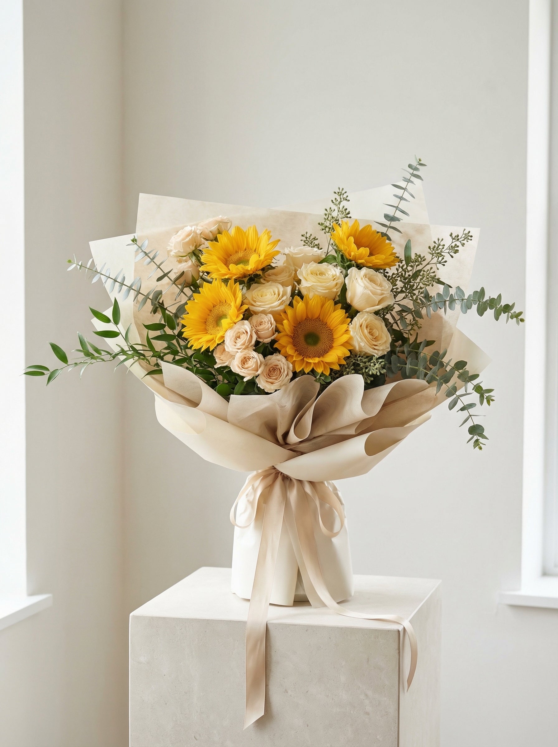 Editorial Sunflower & Champagne Rose Bouquet