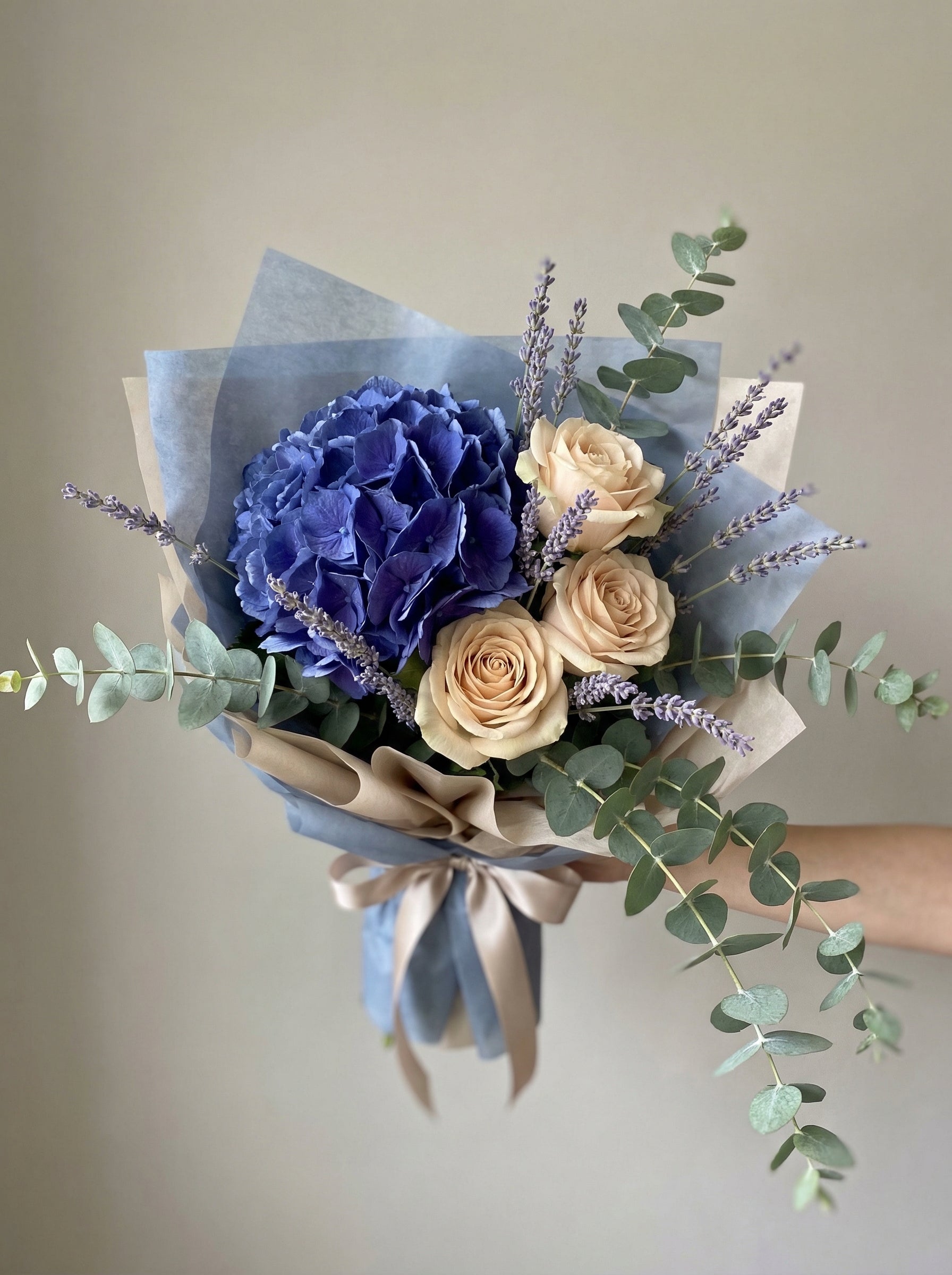 Editorial Deep Blue & Lavender Hydrangea Bouquet