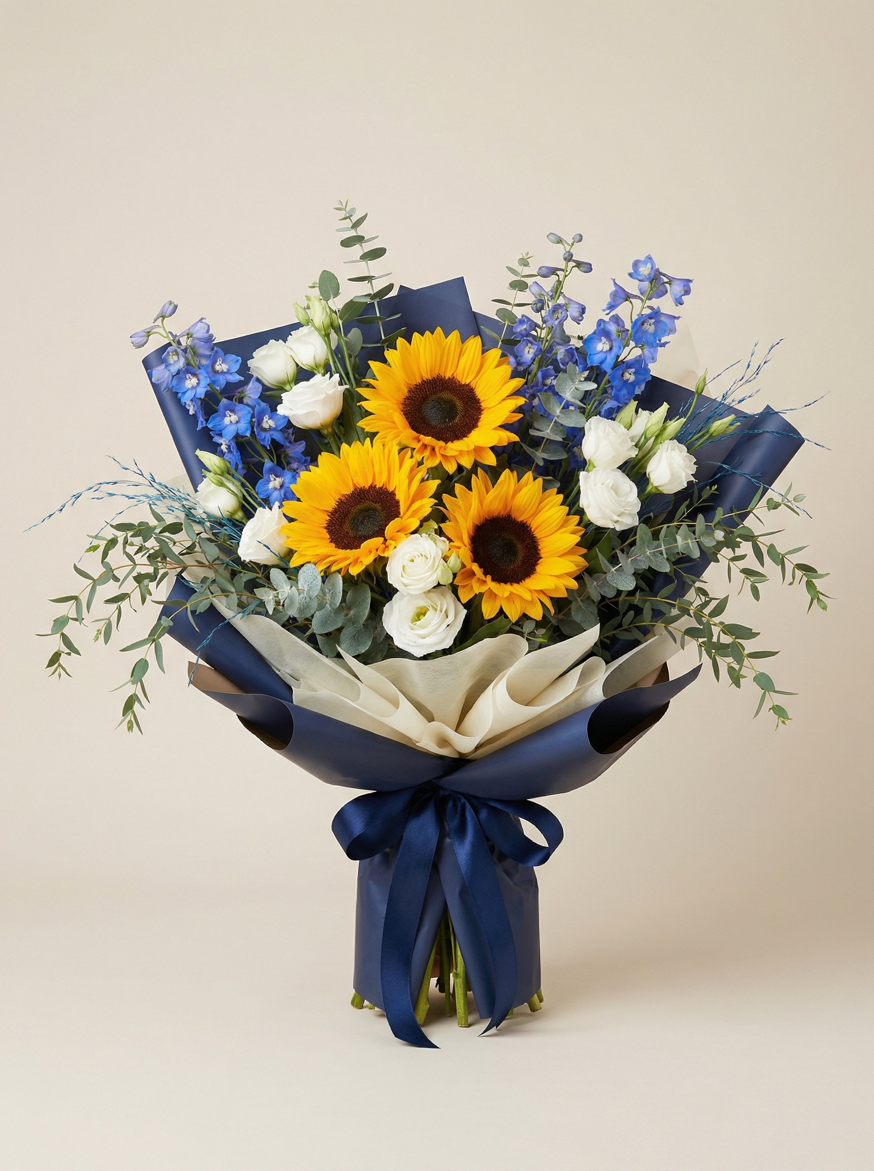 Full Blue Accent Sunflower Graduation Bouquet