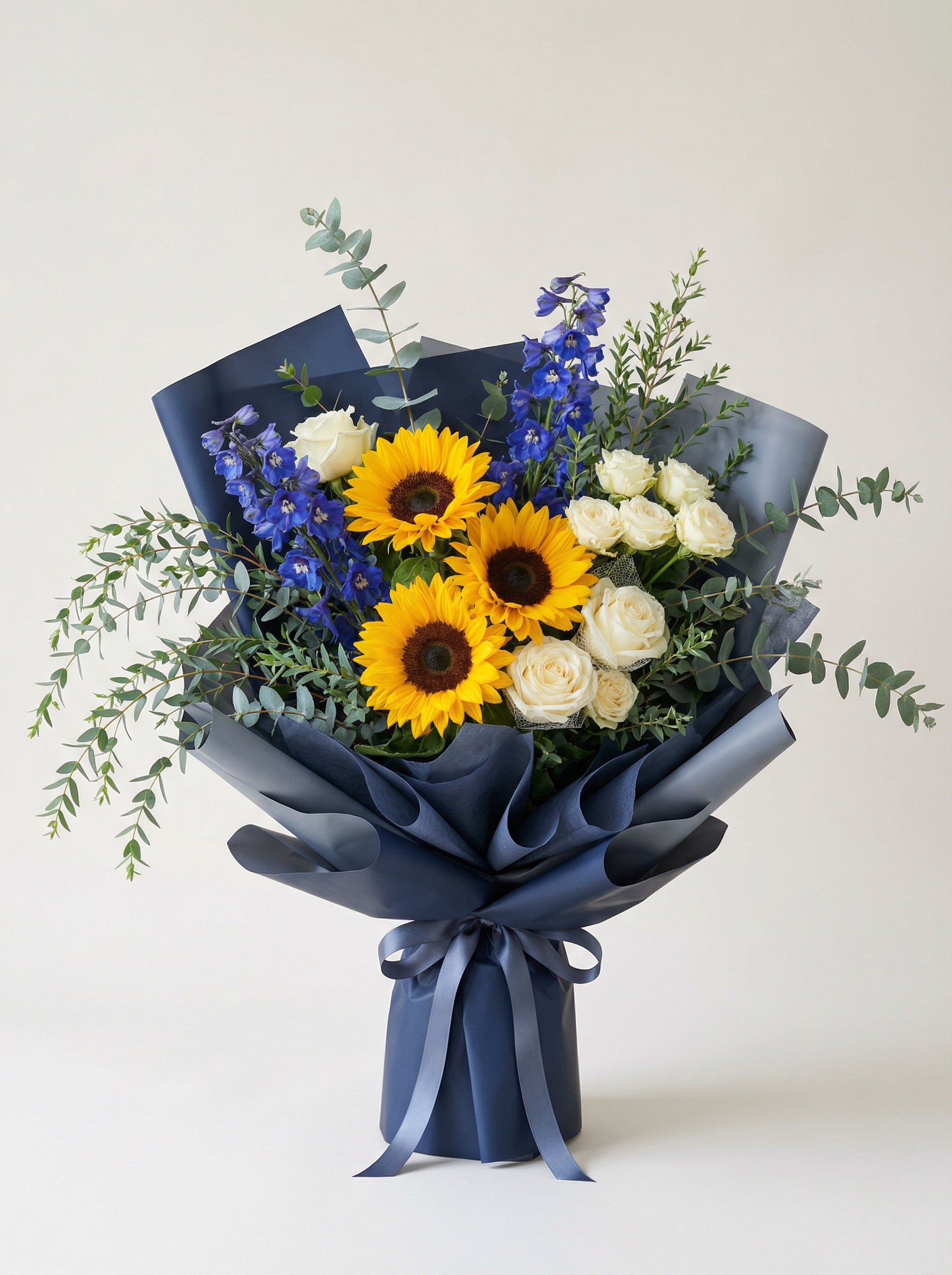 Luxe Blue Accent Sunflower Graduation Bouquet