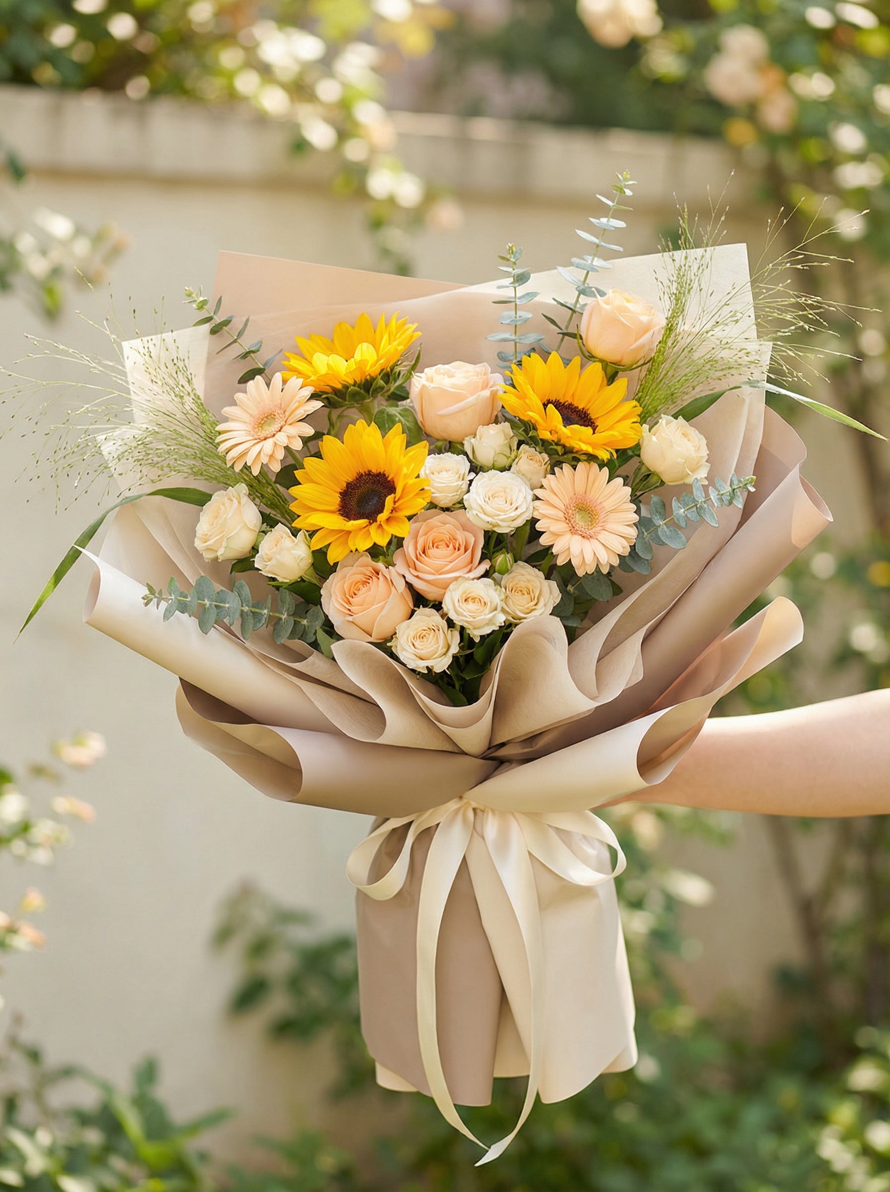 Luxe Peach Accent Sunflower Graduation Bouquet