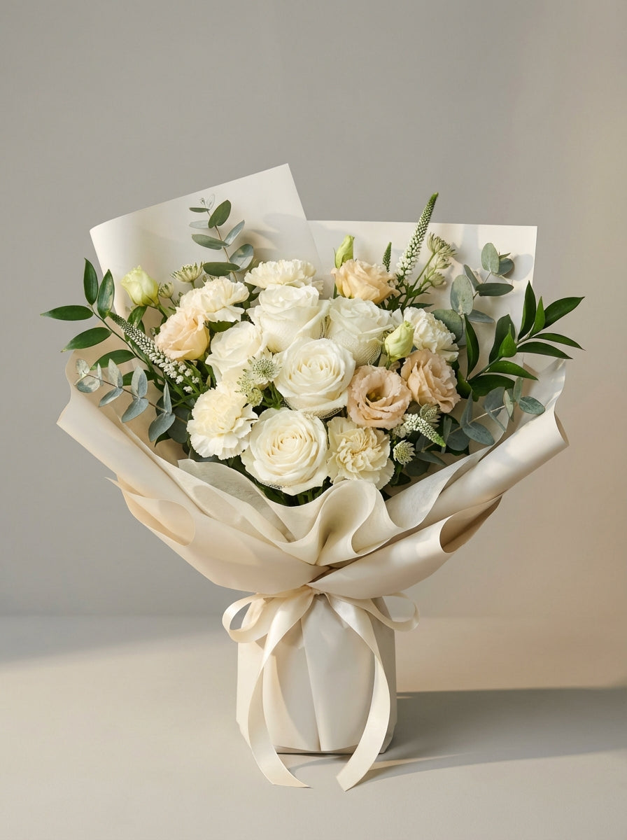 Full Quiet White Rose Condolence Bouquet