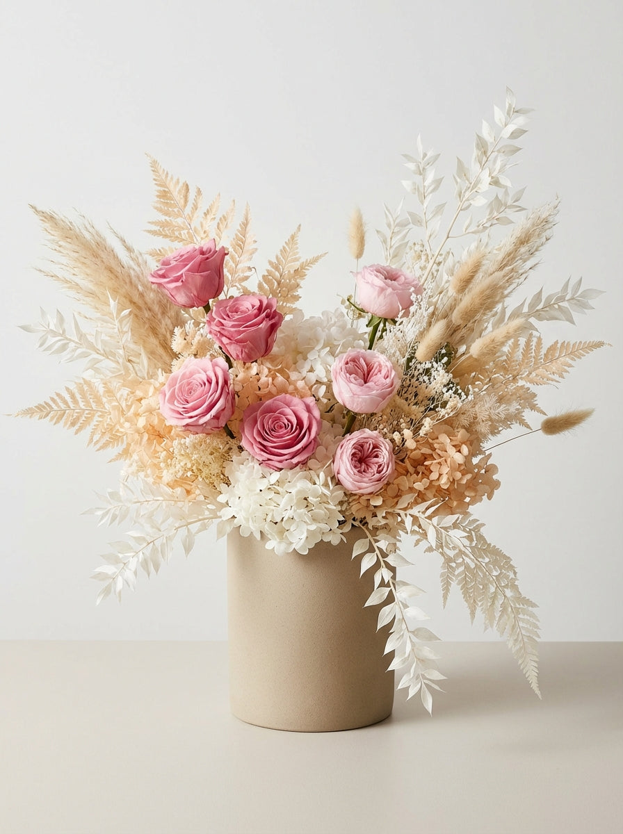 Signature Rose Pink & Champagne Preserved Floral Display