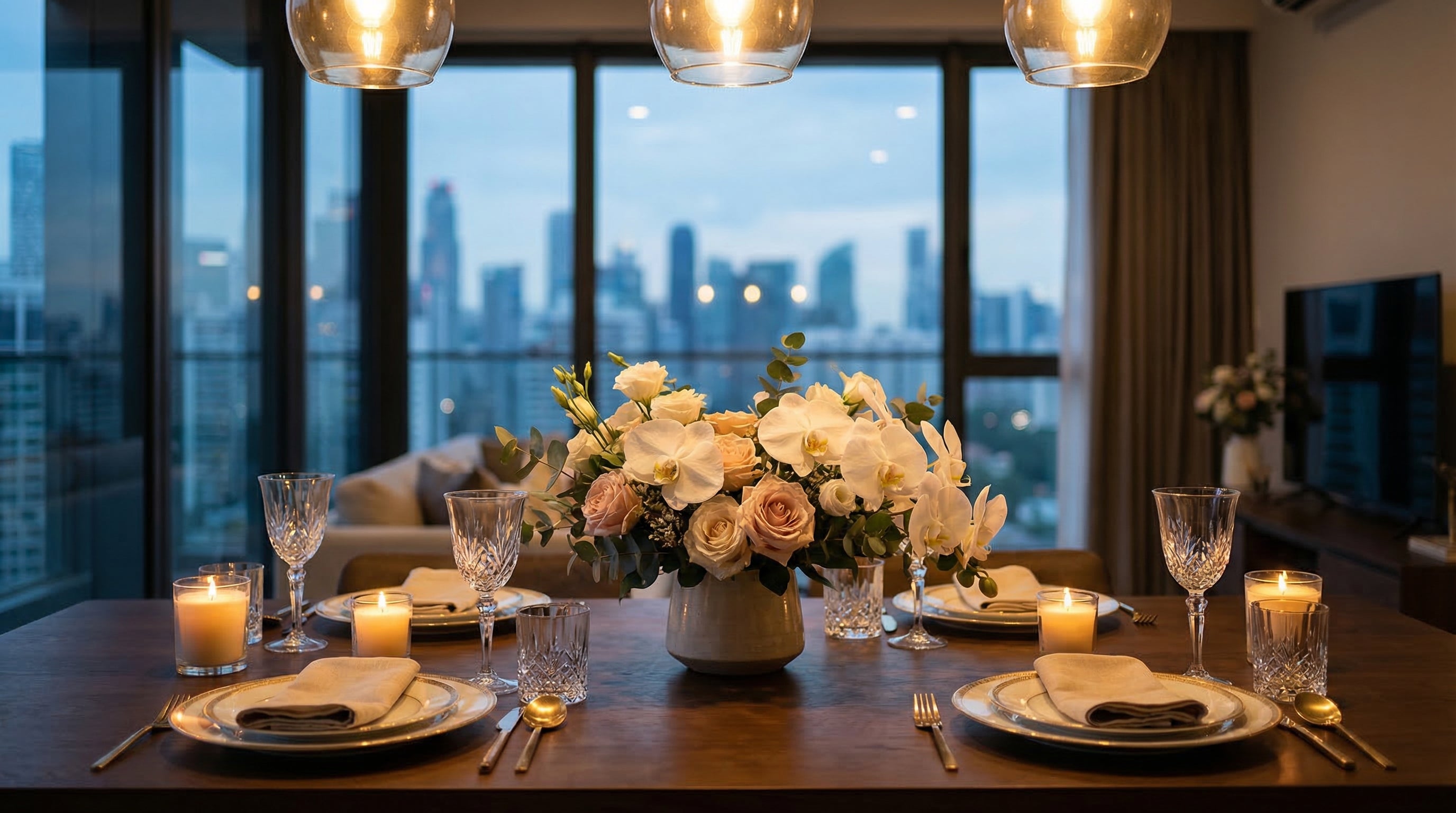 Anniversary dinner floral setup