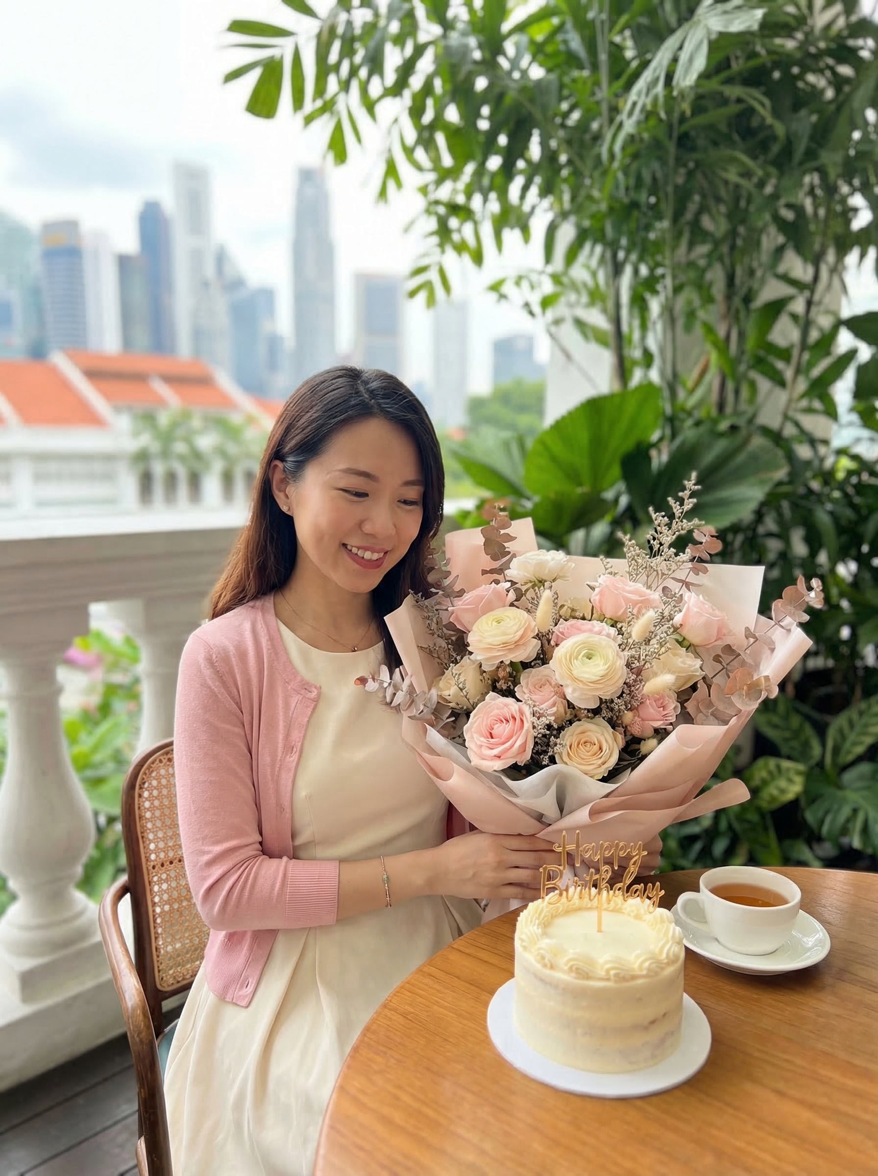 Celebration portrait with birthday bouquet