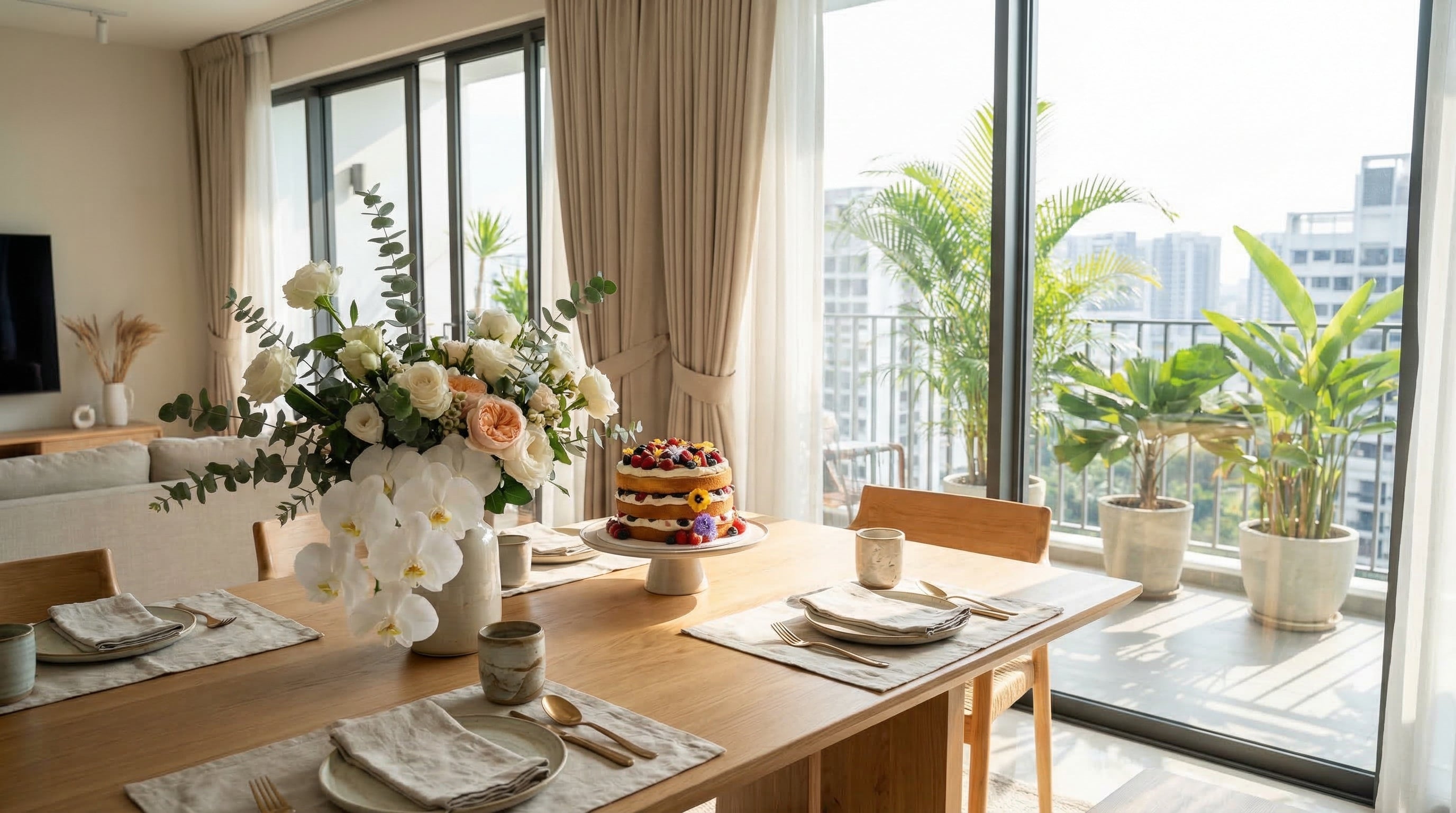 Home celebration scene with flowers